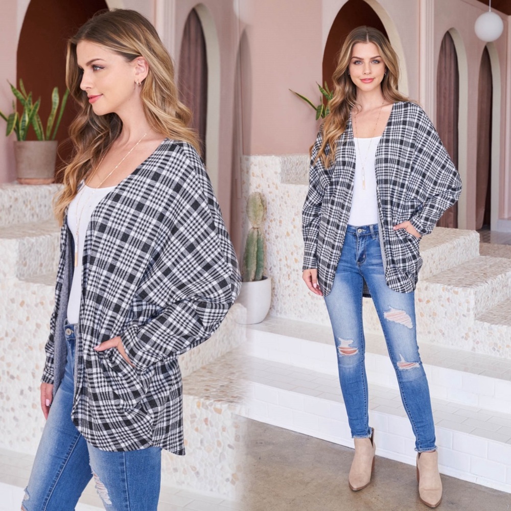 Super soft plaid open front cardigan with pockets